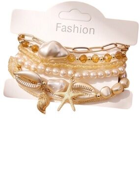 BOHEMIAN IVORY MULTI SHELL STARFISH BEAD 7 Strand Stackable BRACELET